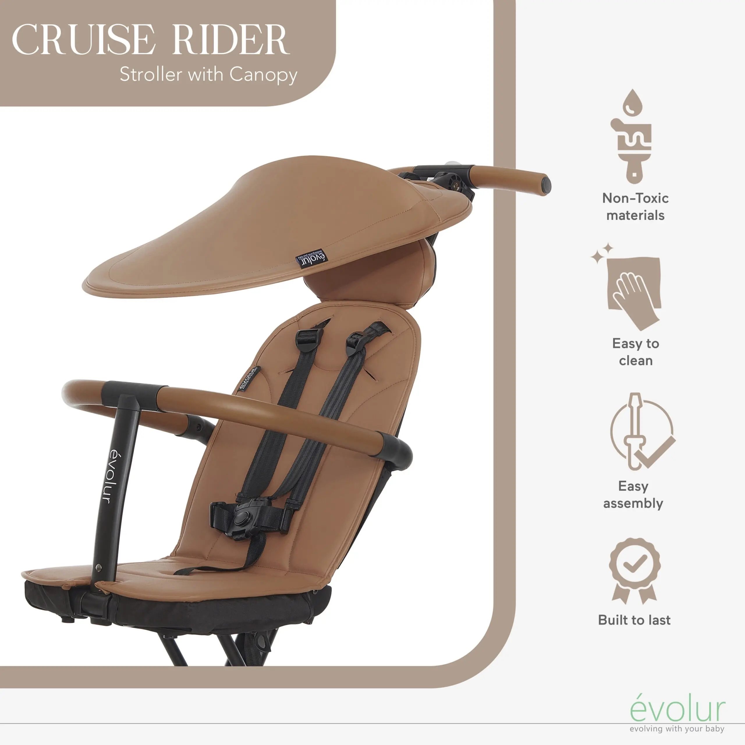 Evolur Cruise Rider Stroller with Canopy, Easy to Carry Travel Stroller, Cognac - Image 4