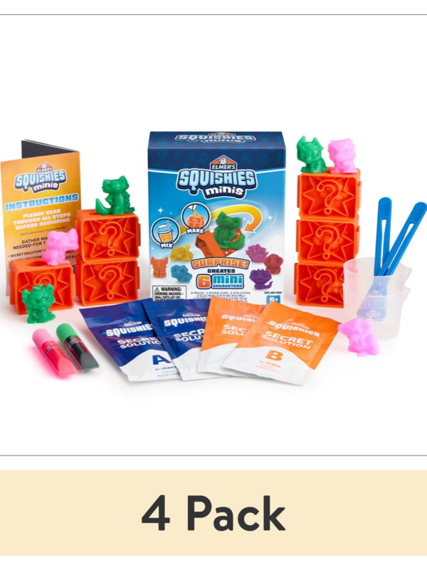 (4 pack) Elmer's Squishies Minis, DIY Miniature Squishy Toys, Arts and Crafts for Kids, Creates 6 Zoo Characters