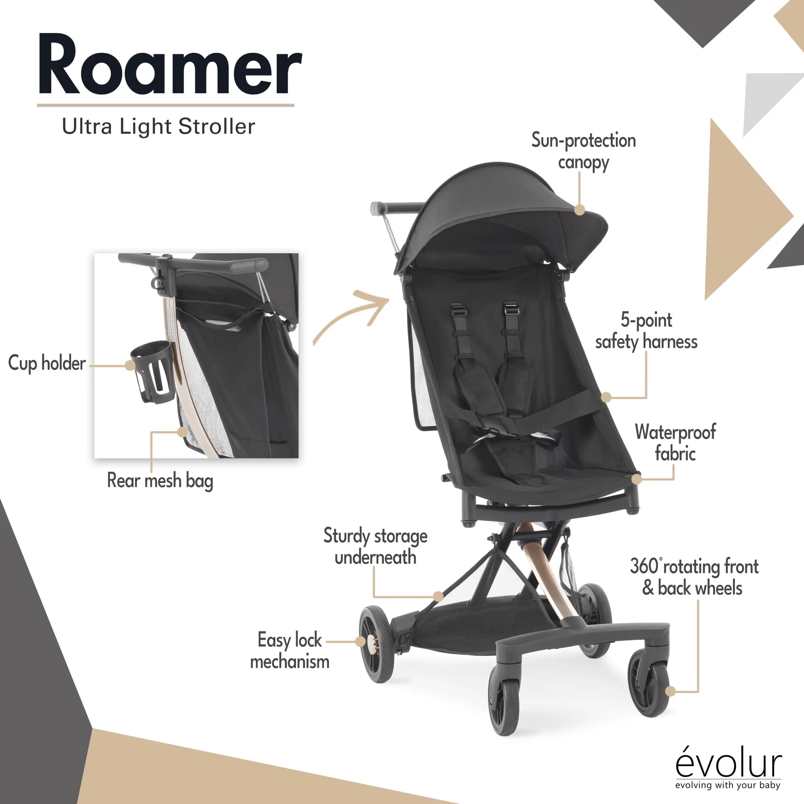 Evolur Roamer Ultra Light Stroller, Gold Black - Image 5