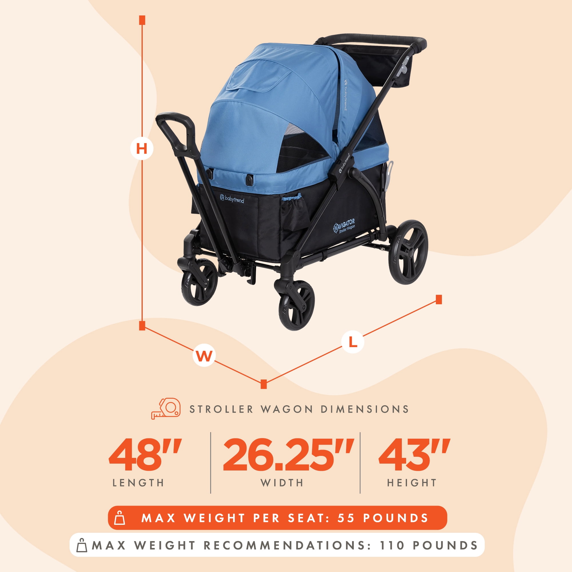 Baby Trend Navigator 2-in-1 Stroller Wagon with Dual Canopy - Dash Blue - Image 4