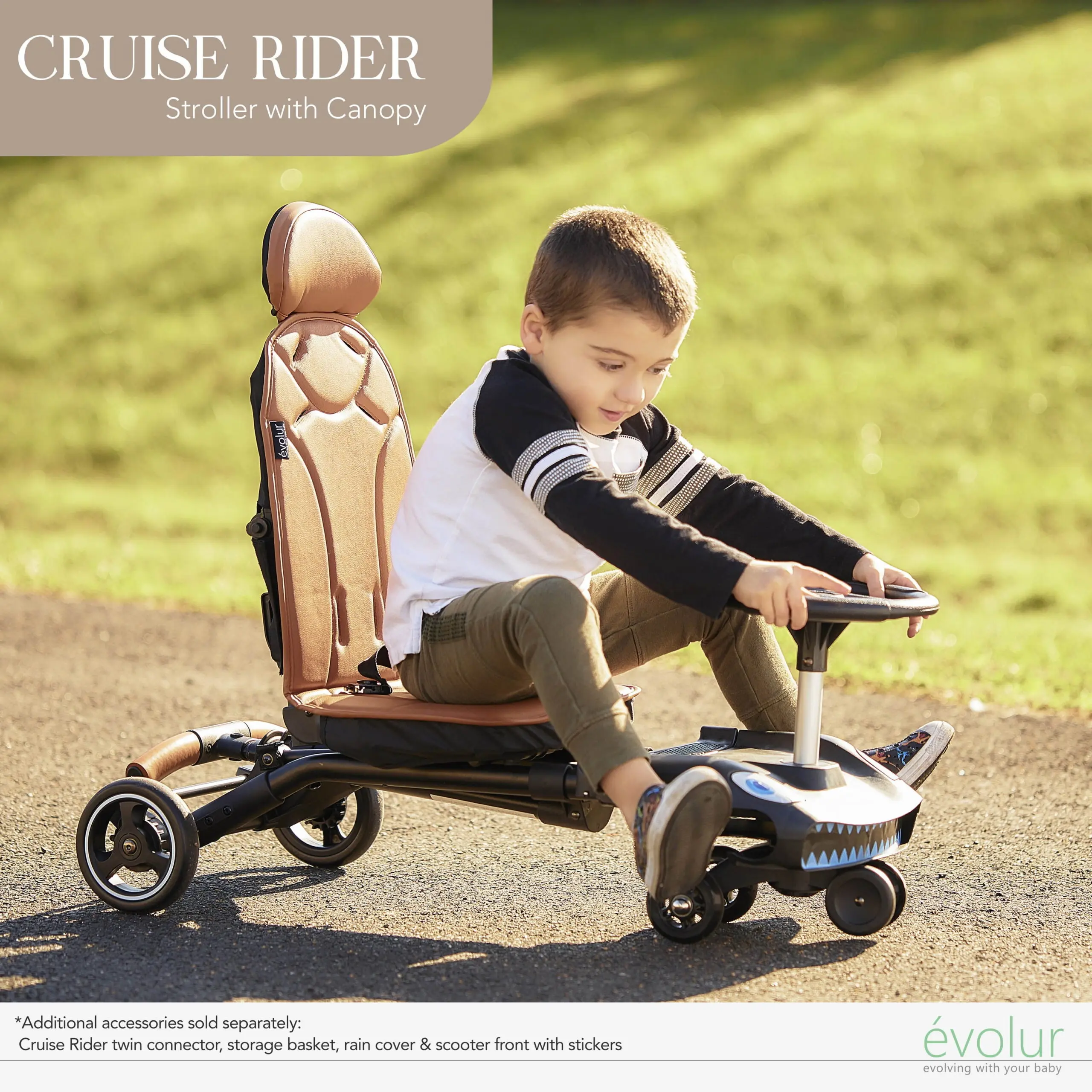 Evolur Cruise Rider Stroller with Canopy, Easy to Carry Travel Stroller, Cognac - Image 3