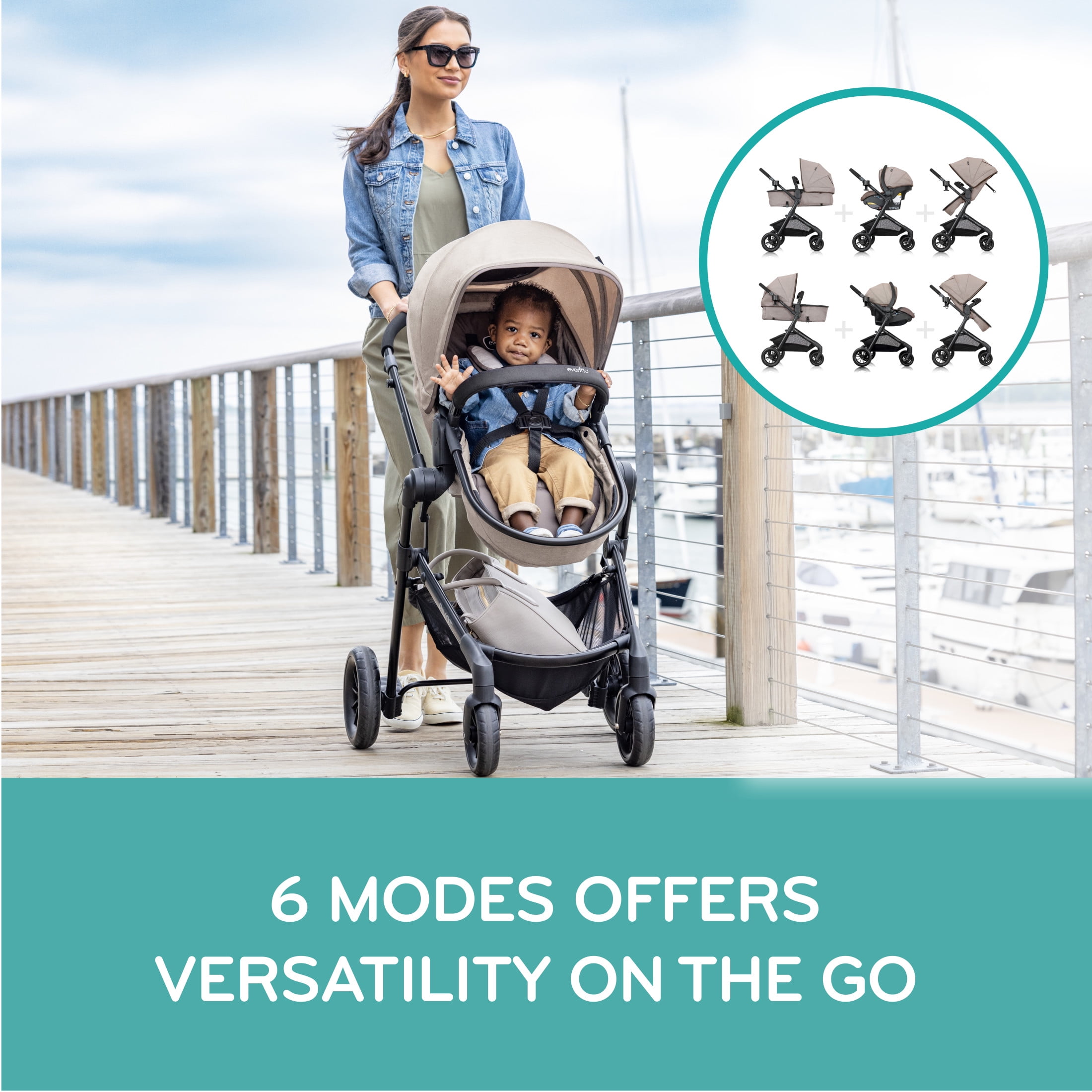 Evenflo Pivot Modular Travel System with LiteMax Preemie and Infant Car Seat (Desert Tan) - Image 3