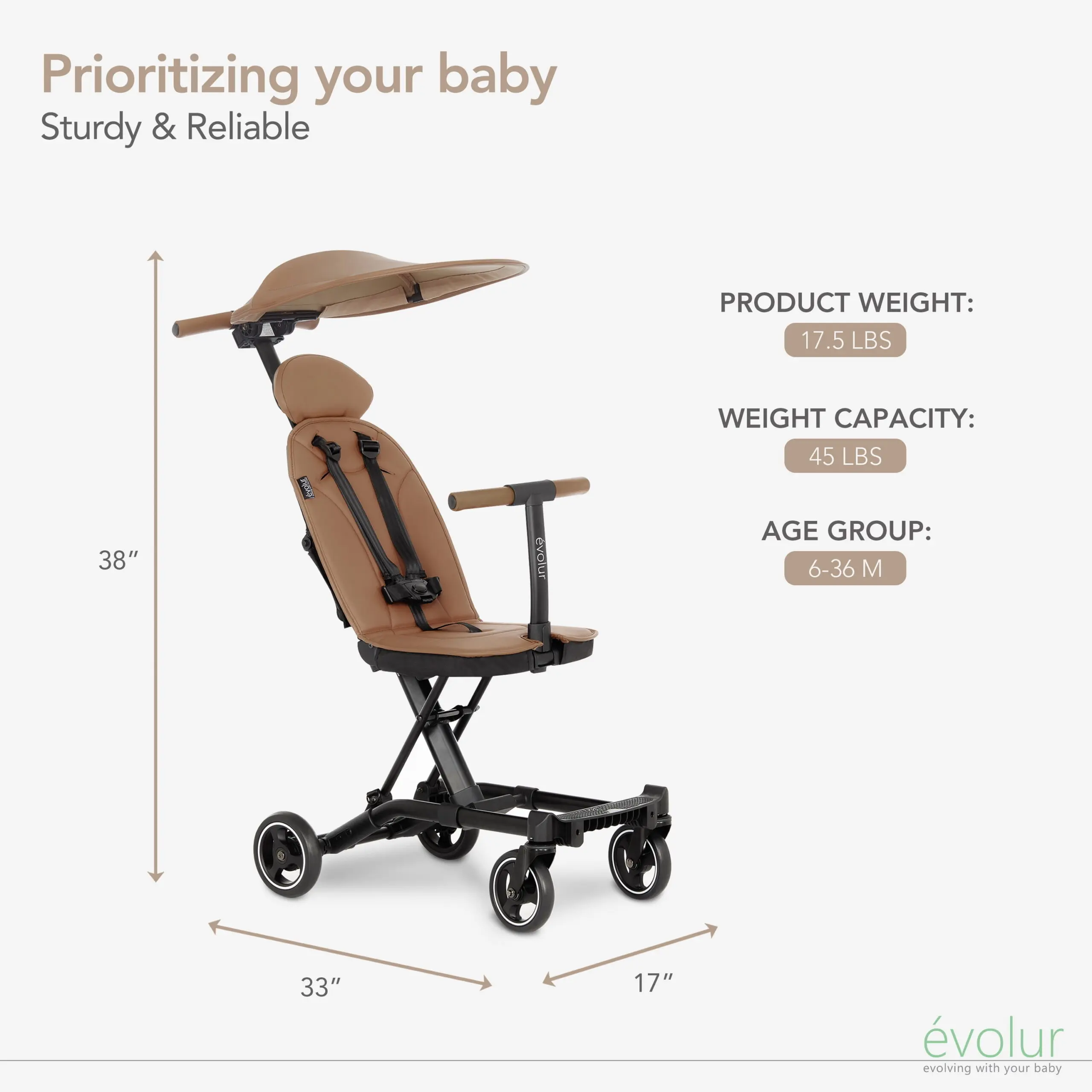 Evolur Cruise Rider Stroller with Canopy, Easy to Carry Travel Stroller, Cognac - Image 5