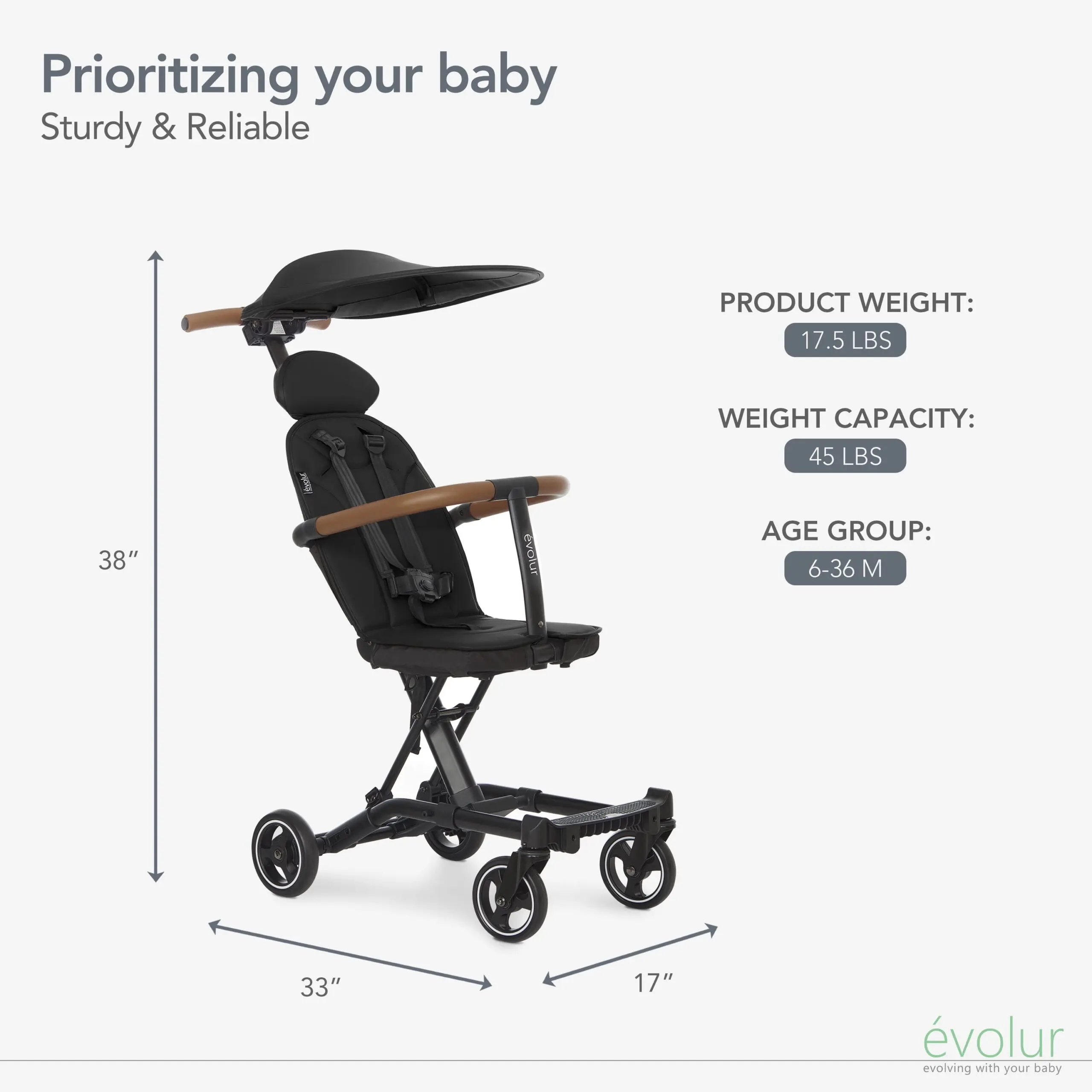 Evolur Cruise Rider Stroller with Canopy, Easy to Carry Travel Stroller, Noir Black - Image 5