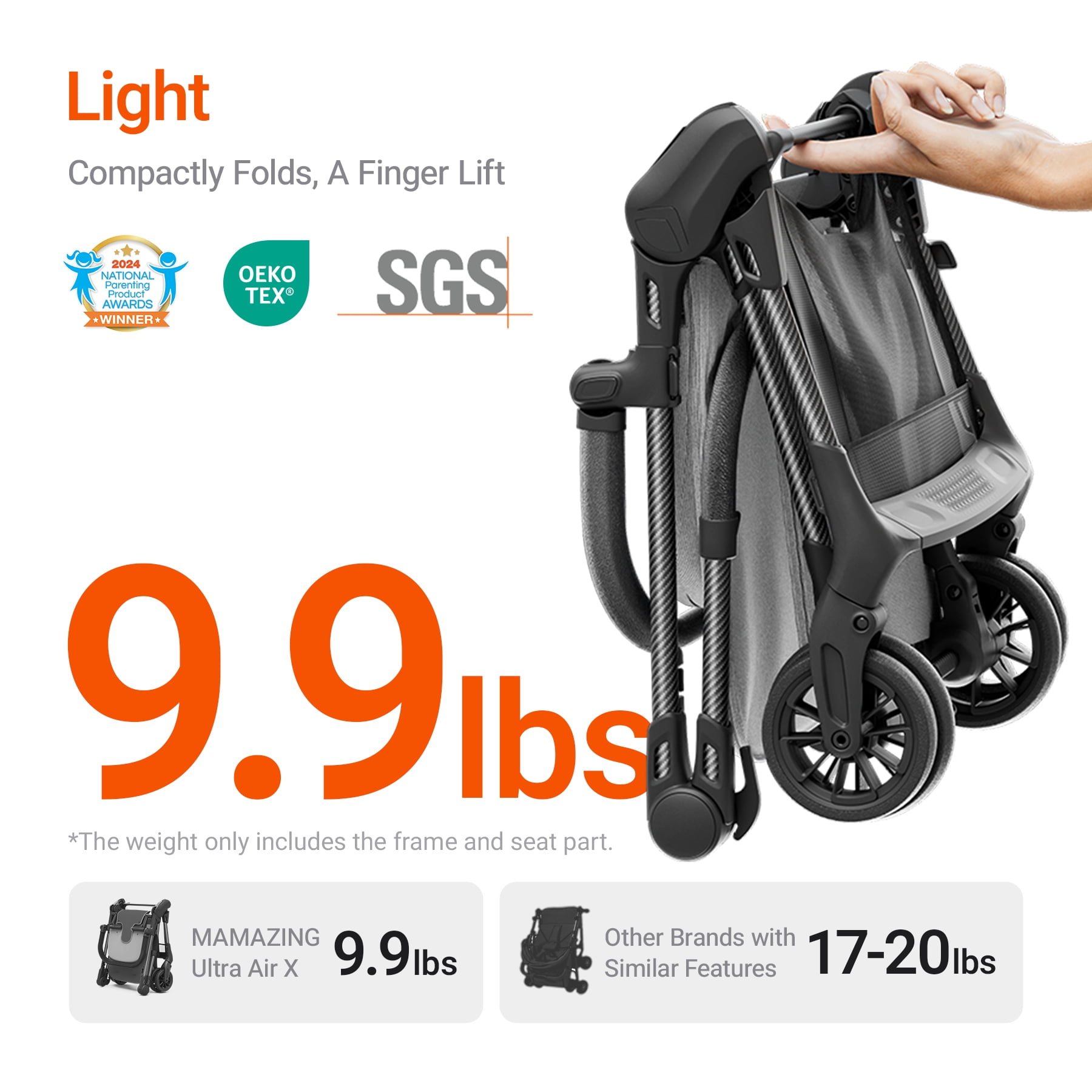Mamazing Ultra Air X Lightweight Baby Stroller for Airplane Travel, 9.9 lbs, Ultra-Compact, Light & Strong, Age Group: Infant, Single, Grey - Image 7